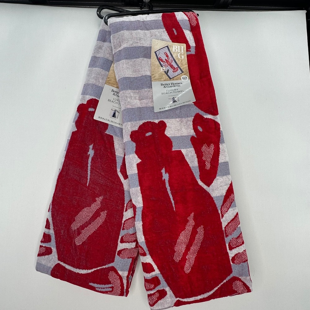 BHG 2PC Lobster Beach Towels 6x3 Red Blue Nautical Striped vacation piol